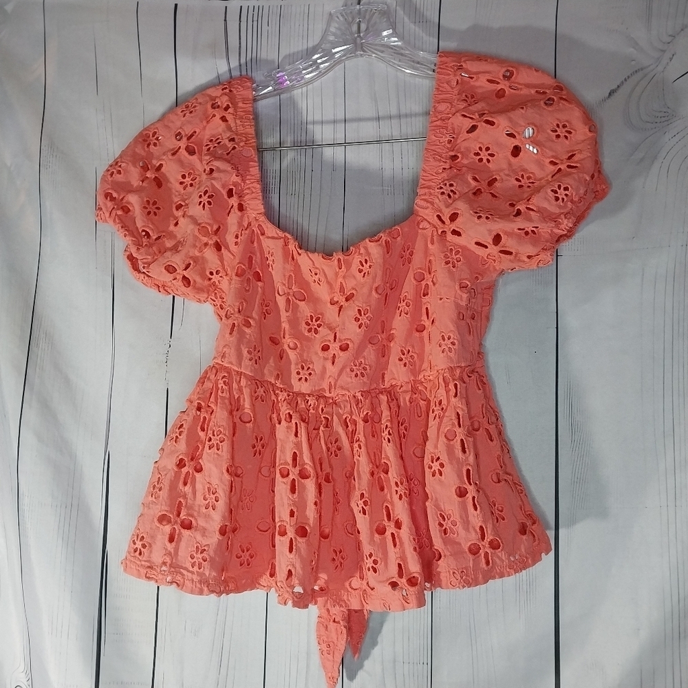 Trixxi Coral Eyelet Babydoll Cottagecore Milkmaid Blouse with Puff Sleeve